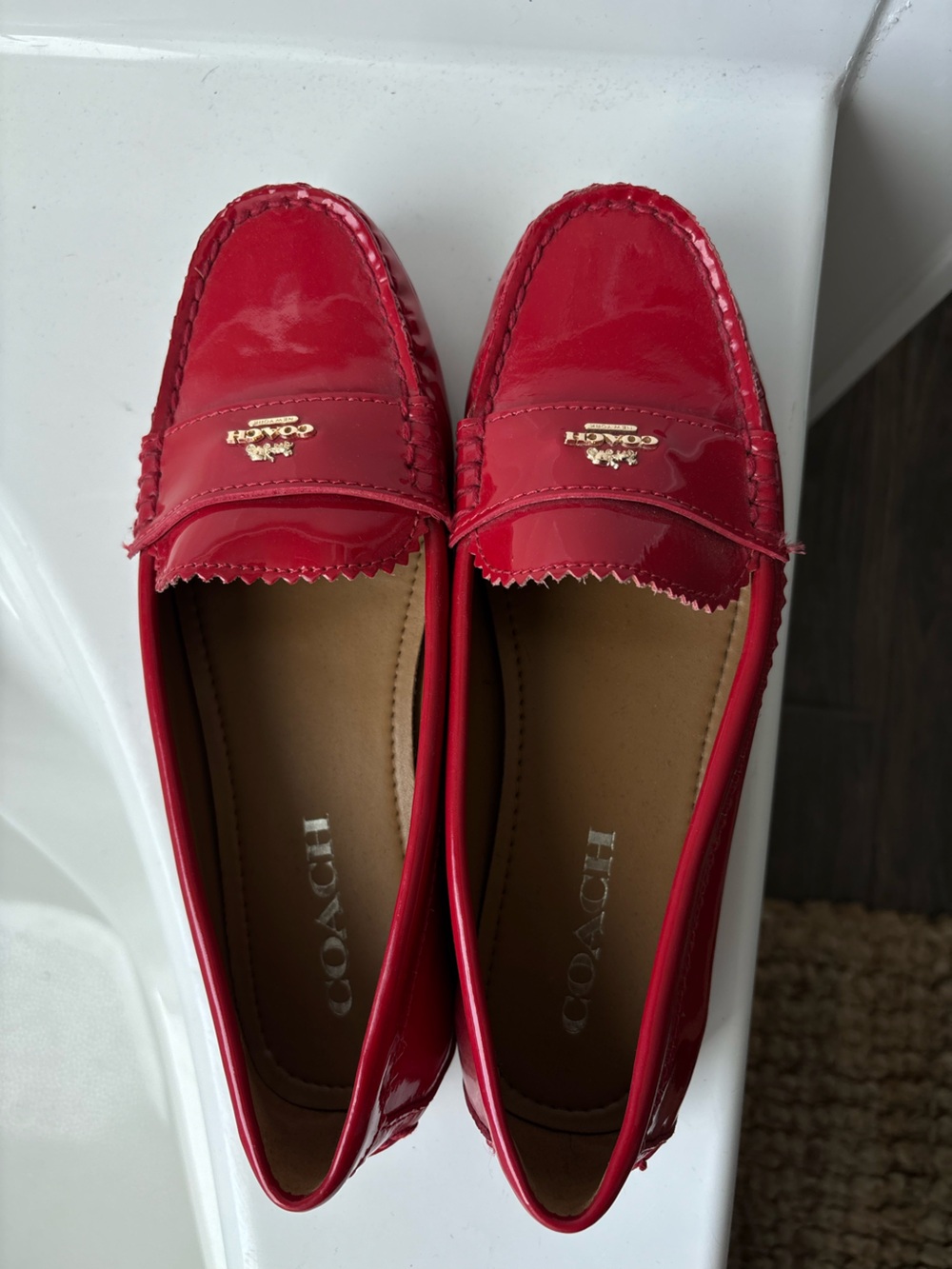 Coach Women's Red Patent Leather Penny Loafers with Gold Logo